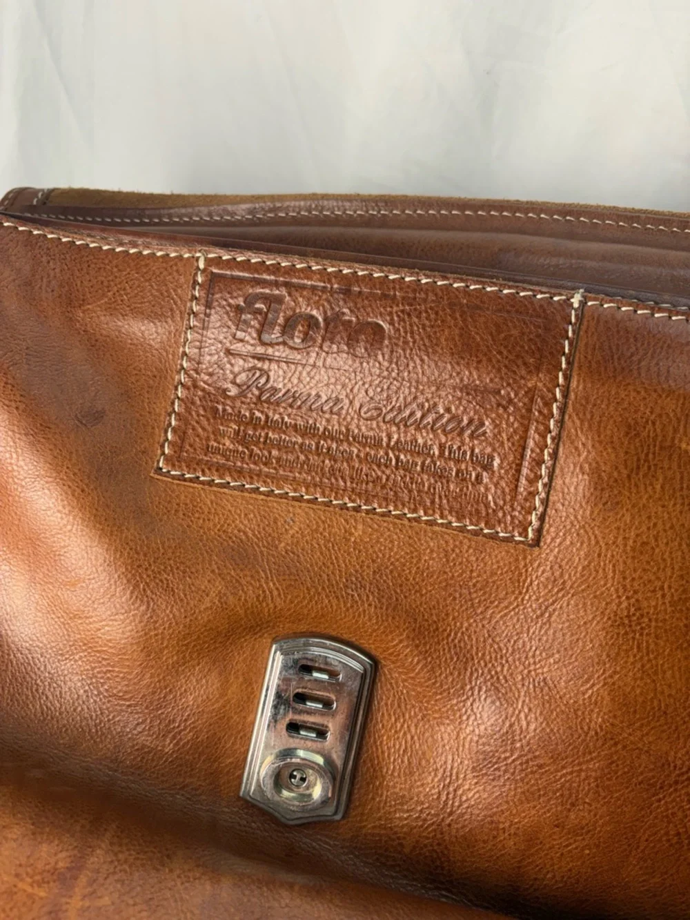 Floto Parma Italian Leather Briefcase Messenger Bag Cognac Brown Made in Italy